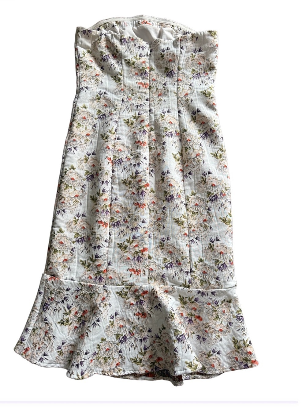 Elegant Strapless Jacquard Floral Midi Dress in Ivory-Size 4 Like New - Picture 6 of 15